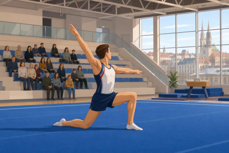 A stylised illustration of a gymnast performing a floor routine in an indoor arena.