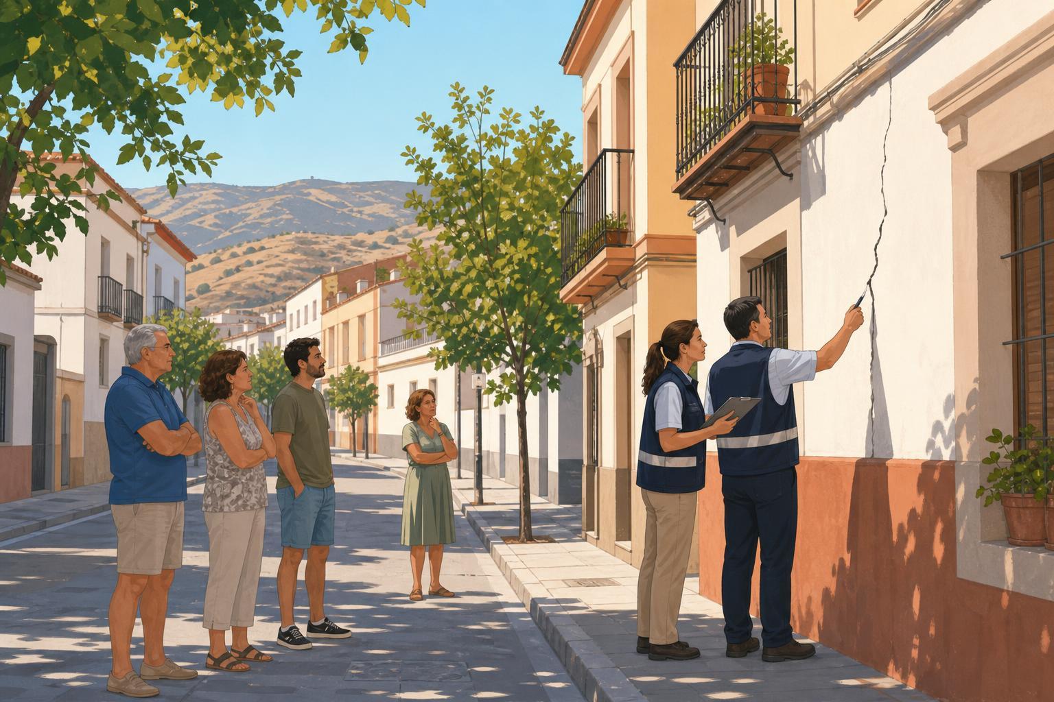 Editorial illustration of residents and building inspectors outside an apartment building in Granada after earthquakes.