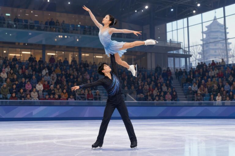Two junior ice dancers perform in a modern indoor ice arena.
