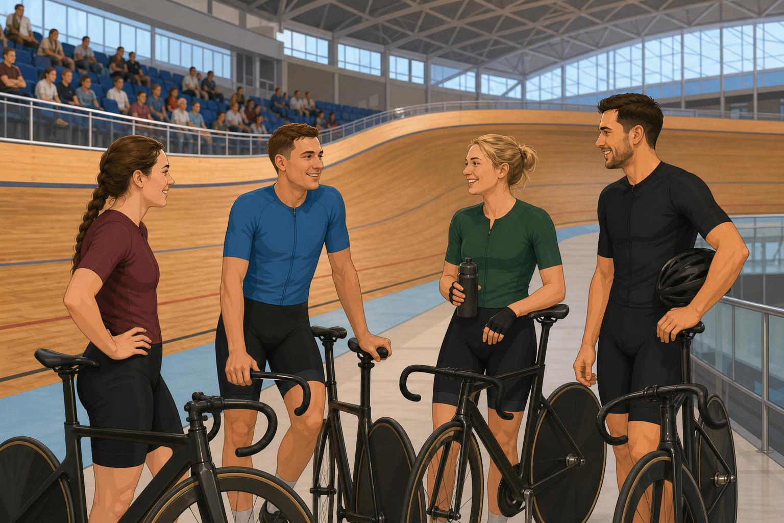Illustration of four track cyclists with bicycles inside a velodrome after a competition in Omsk.