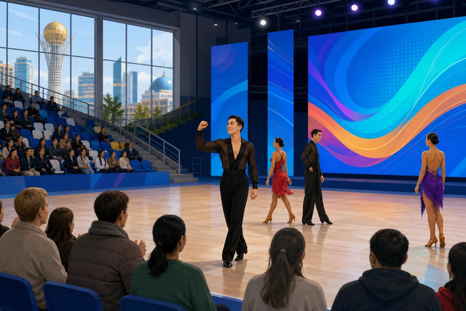 Dancers compete on a stage with digital motion screens at a phygital dance event in Astana.