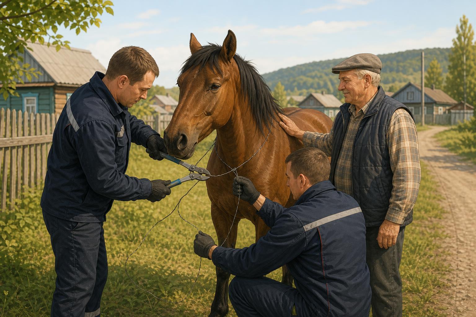 Rescuers carefully free a horse from wire near its neck in a village in Krasnoyarsk Krai.
