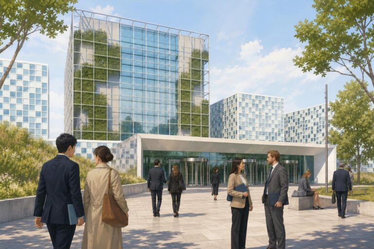 Editorial illustration of the International Criminal Court building in The Hague with visitors and legal workers