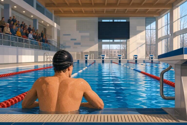 A swimmer standing beside an indoor competition pool after a race