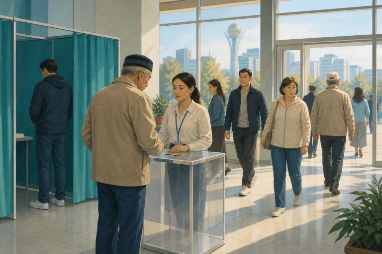 Voters arrive at a polling place during Kazakhstan’s parliamentary election.