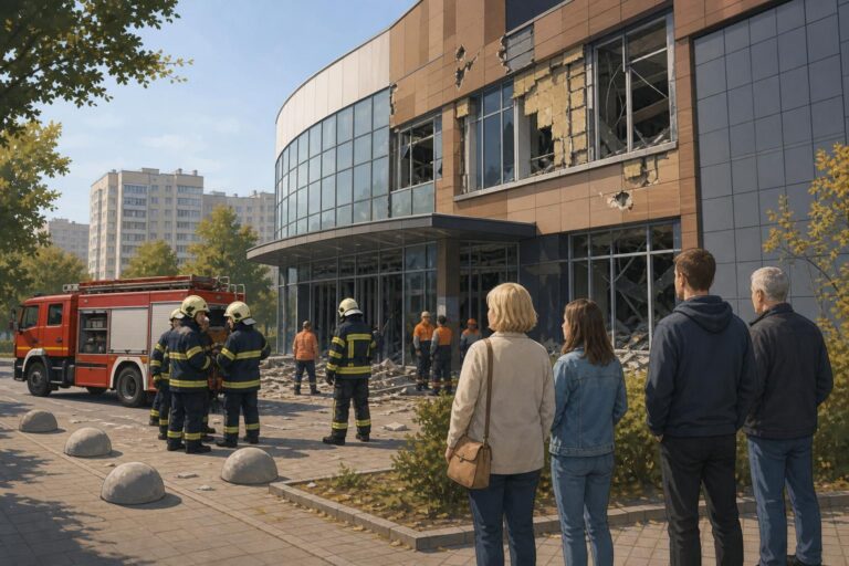 Editorial illustration of emergency workers outside a damaged shopping centre in Kryvyi Rih, Ukraine