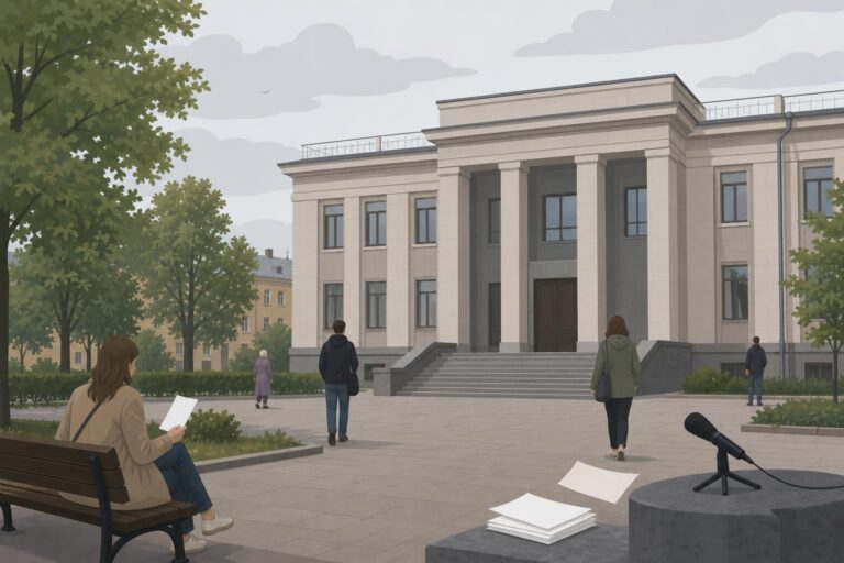 Editorial illustration of a regional courthouse in Pskov, Russia