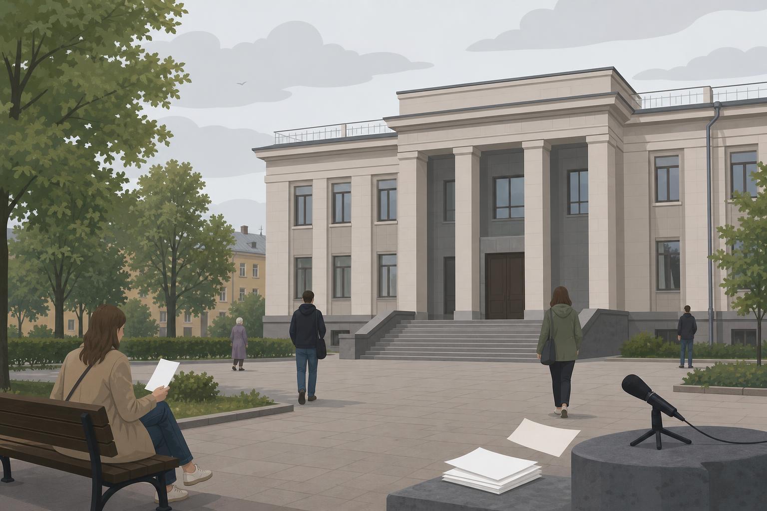 Editorial illustration of a regional courthouse in Pskov, Russia