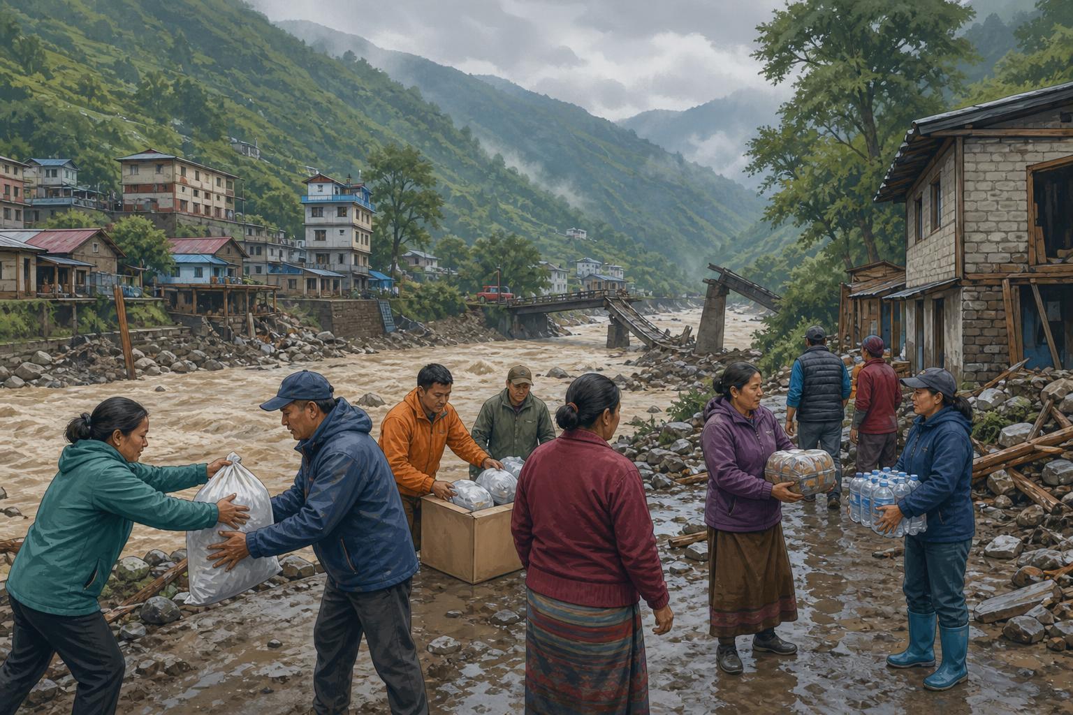 Editorial illustration of rescuers and residents in a flood-affected Himalayan town in Nepal