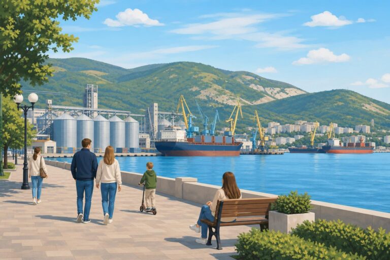 Editorial illustration of grain terminals and cargo cranes at the port of Novorossiysk.