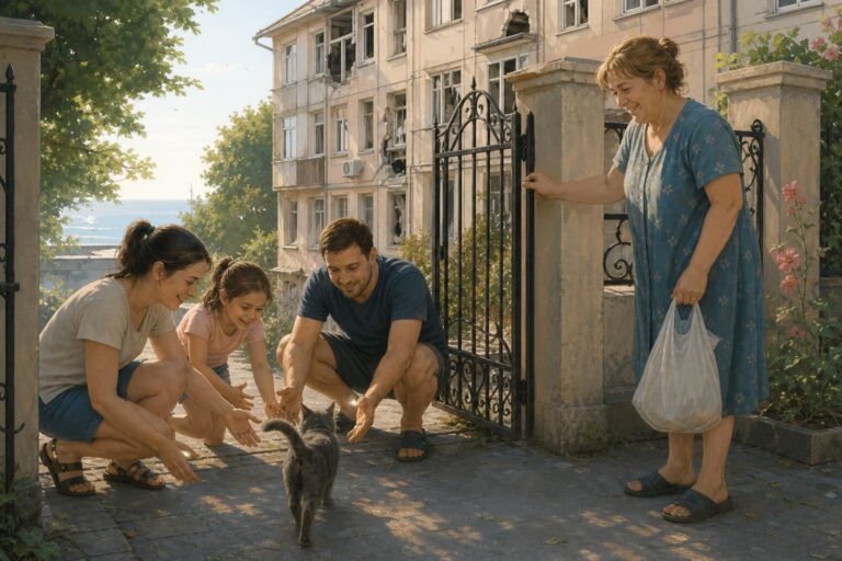A family in Odesa welcomes its cat back after finding it in a neighbouring yard.