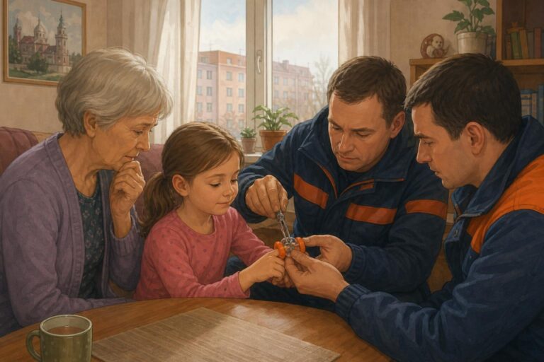 Two rescue workers help a girl remove a plastic kaleidoscope from her finger while her grandmother stands nearby.