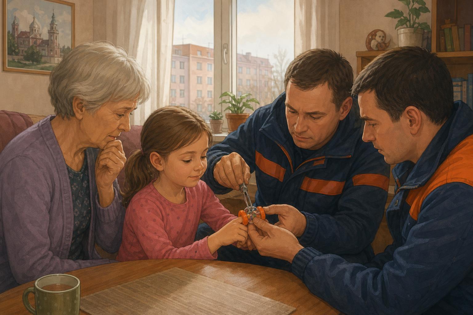 Two rescue workers help a girl remove a plastic kaleidoscope from her finger while her grandmother stands nearby.