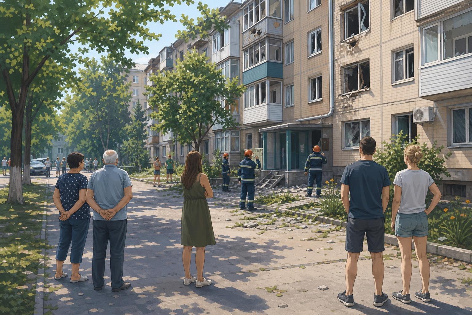 Editorial illustration of emergency workers and residents outside damaged apartment buildings after an overnight air attack.
