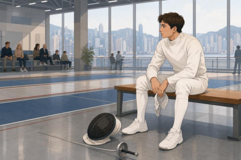 Editorial illustration of a fencer resting in a modern indoor sports venue in Hong Kong.