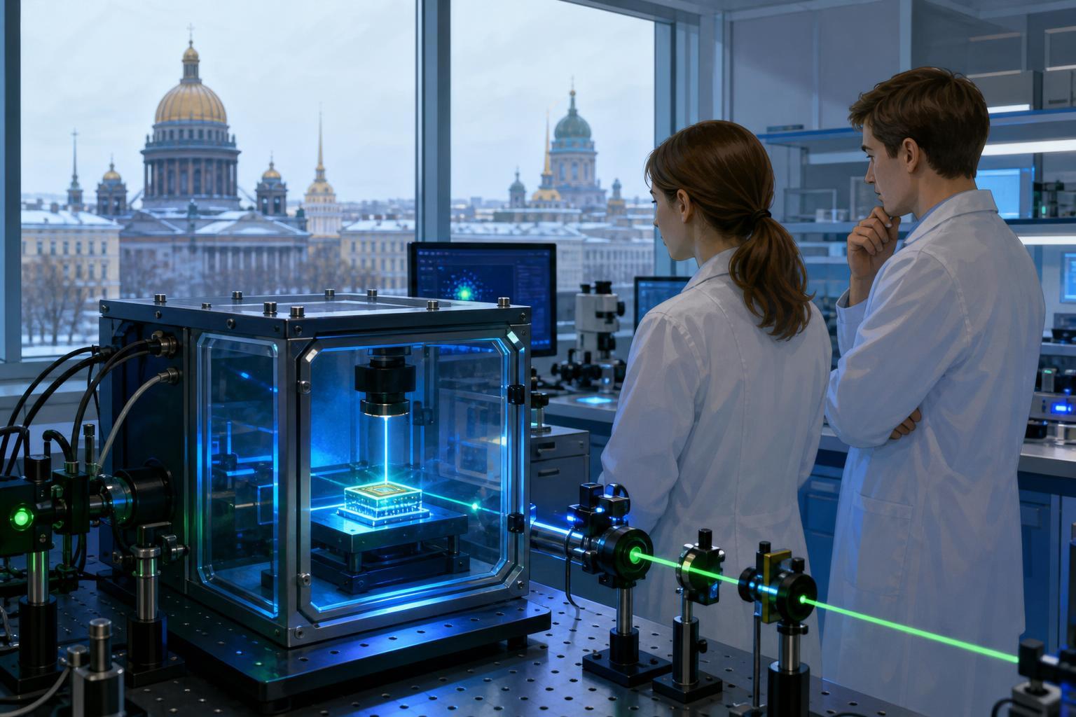 A small laser chip in a cooling chamber in a photonics laboratory.