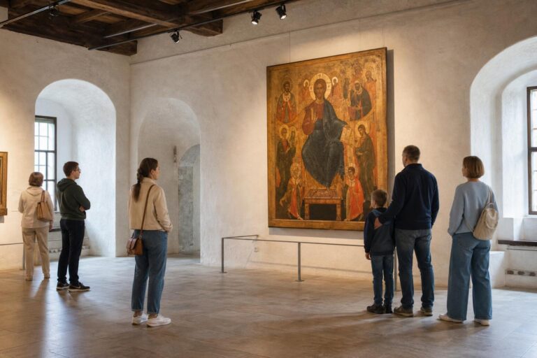 Visitors look at a restored sixteenth-century icon in a gallery at the Pogankin Chambers in Pskov.