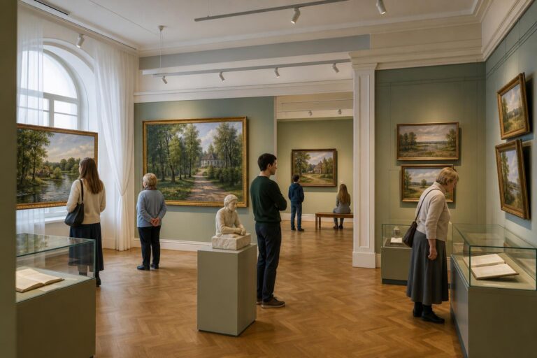Visitors looking at landscape artworks in a Moscow exhibition about Pushkin and Mikhailovskoye.