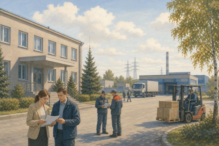 Editorial illustration of workers and officials near a generic industrial and logistics facility in Russia