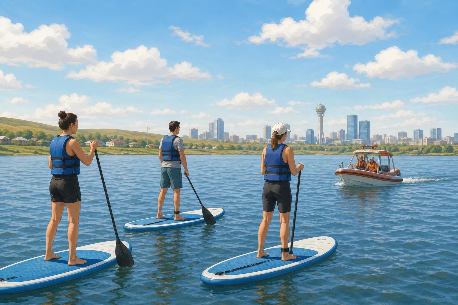 A small rescue boat approaches three paddleboarders on a windy reservoir near Astana.