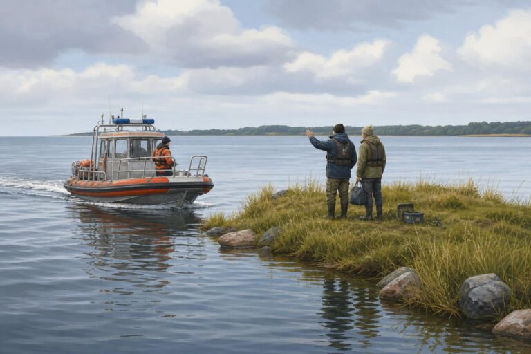 Editorial illustration of rescuers approaching two fishermen on a small island in the Kaliningrad Bay