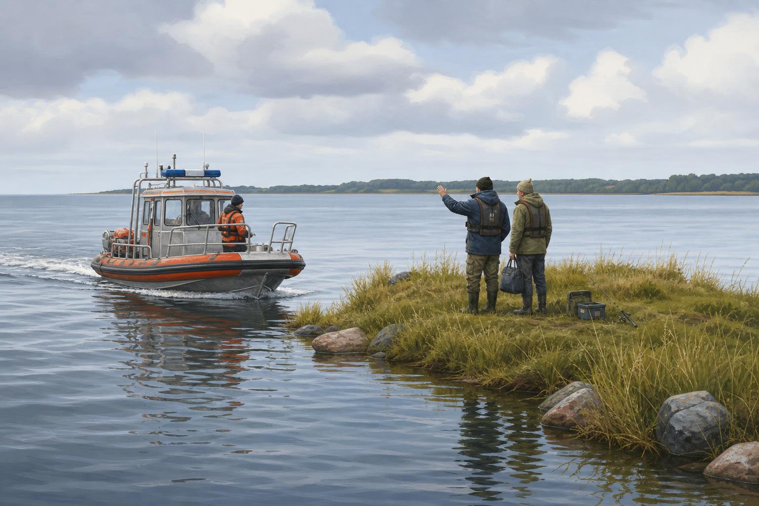 Editorial illustration of rescuers approaching two fishermen on a small island in the Kaliningrad Bay