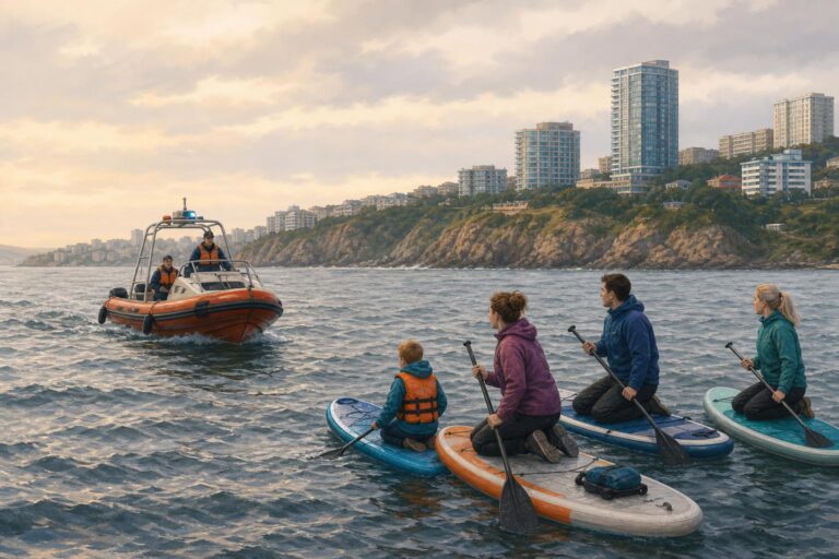 A rescue boat helps four paddleboarders return to shore in Patrokl Bay, Vladivostok.