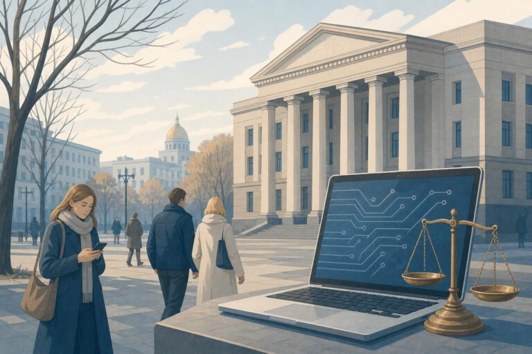 Editorial illustration of a courthouse, a laptop, and scales representing a proposed Russian law on technology and criminal punishment.