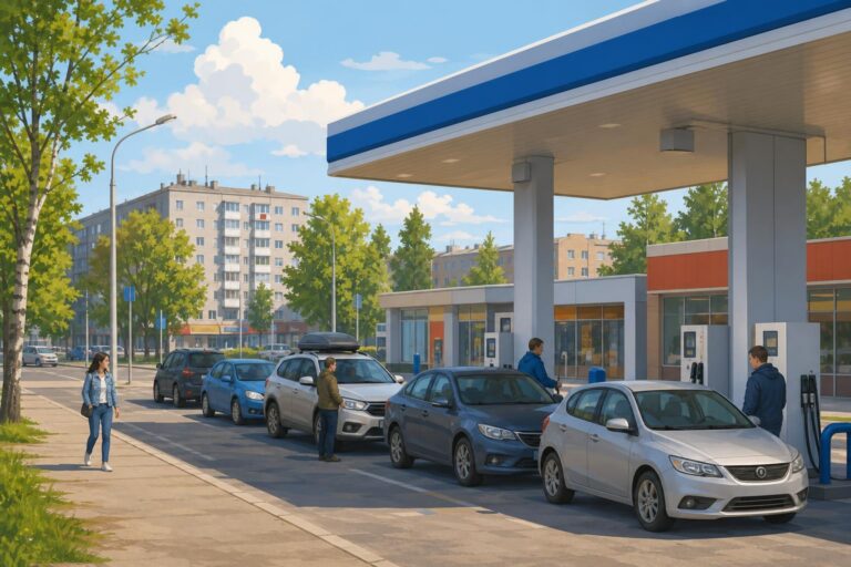 An editorial illustration of cars waiting in a short queue at a petrol station in a Siberian city.