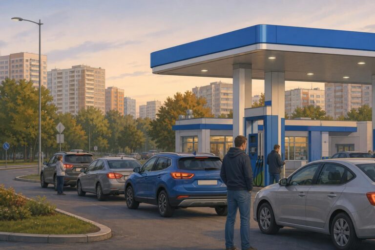 Cars and drivers wait in a queue at a petrol station in Moscow.