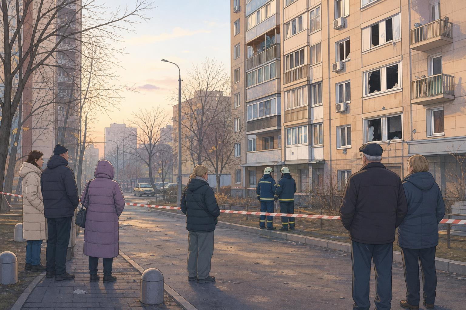 Editorial illustration of rescuers and residents near damaged apartment buildings in Kyiv after an overnight Russian attack