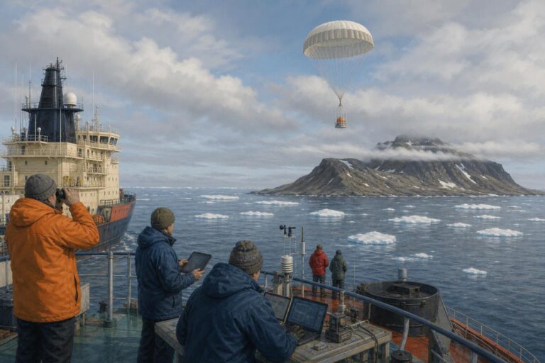 Editorial illustration of a recoverable research platform descending by parachute during an Arctic experiment near Franz Josef Land.