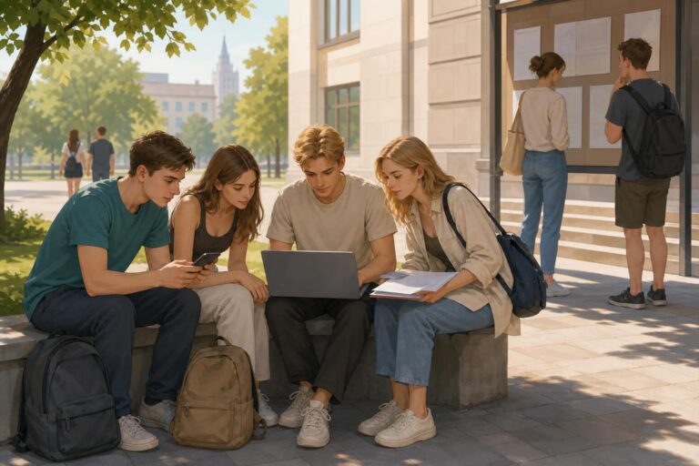 University applicants in Russia checking admissions results on a laptop and phone.