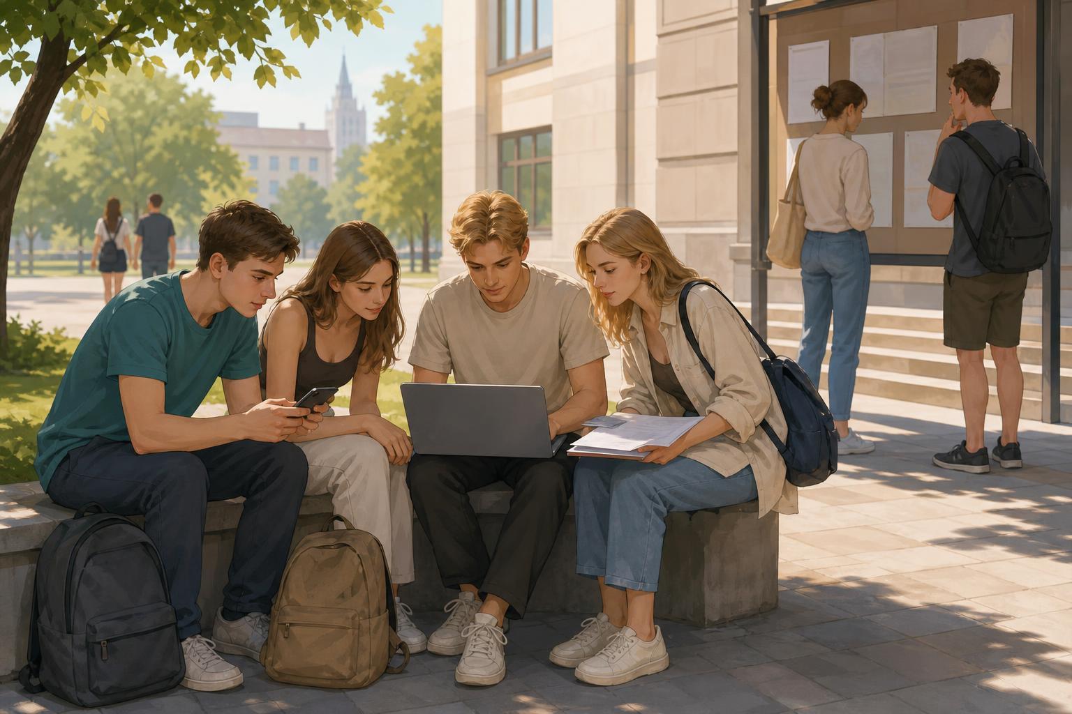 University applicants in Russia checking admissions results on a laptop and phone.