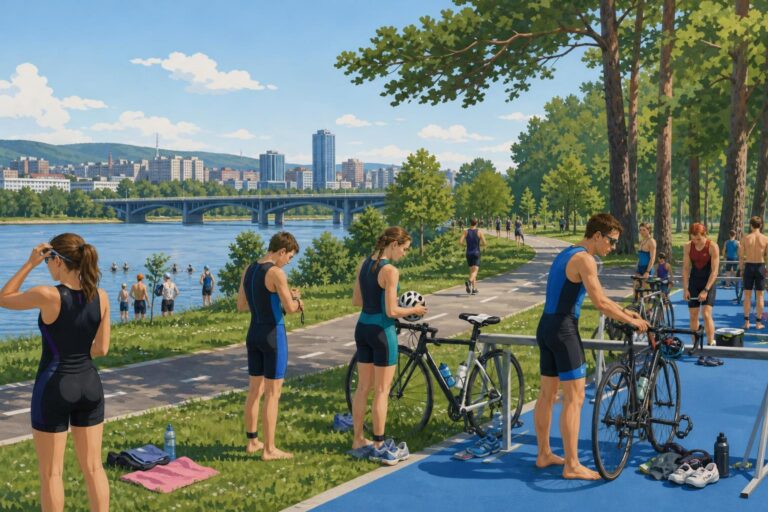 Editorial illustration of athletes preparing for a cross-triathlon race on Tatyshev Island in Krasnoyarsk