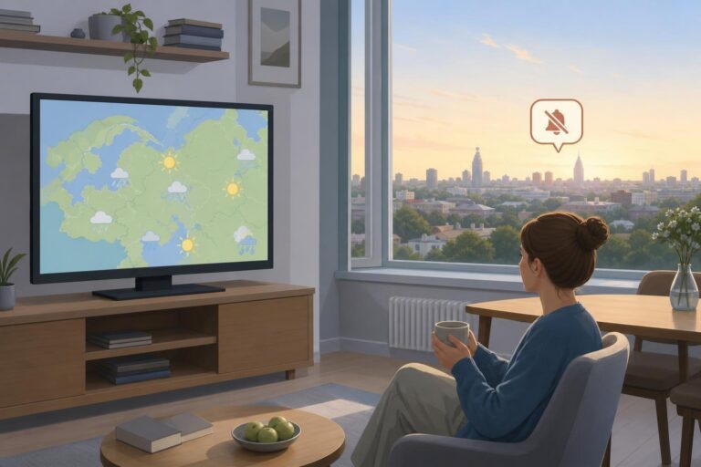 An editorial illustration of a generic television screen and a quiet Moscow-region skyline, representing omitted news coverage.