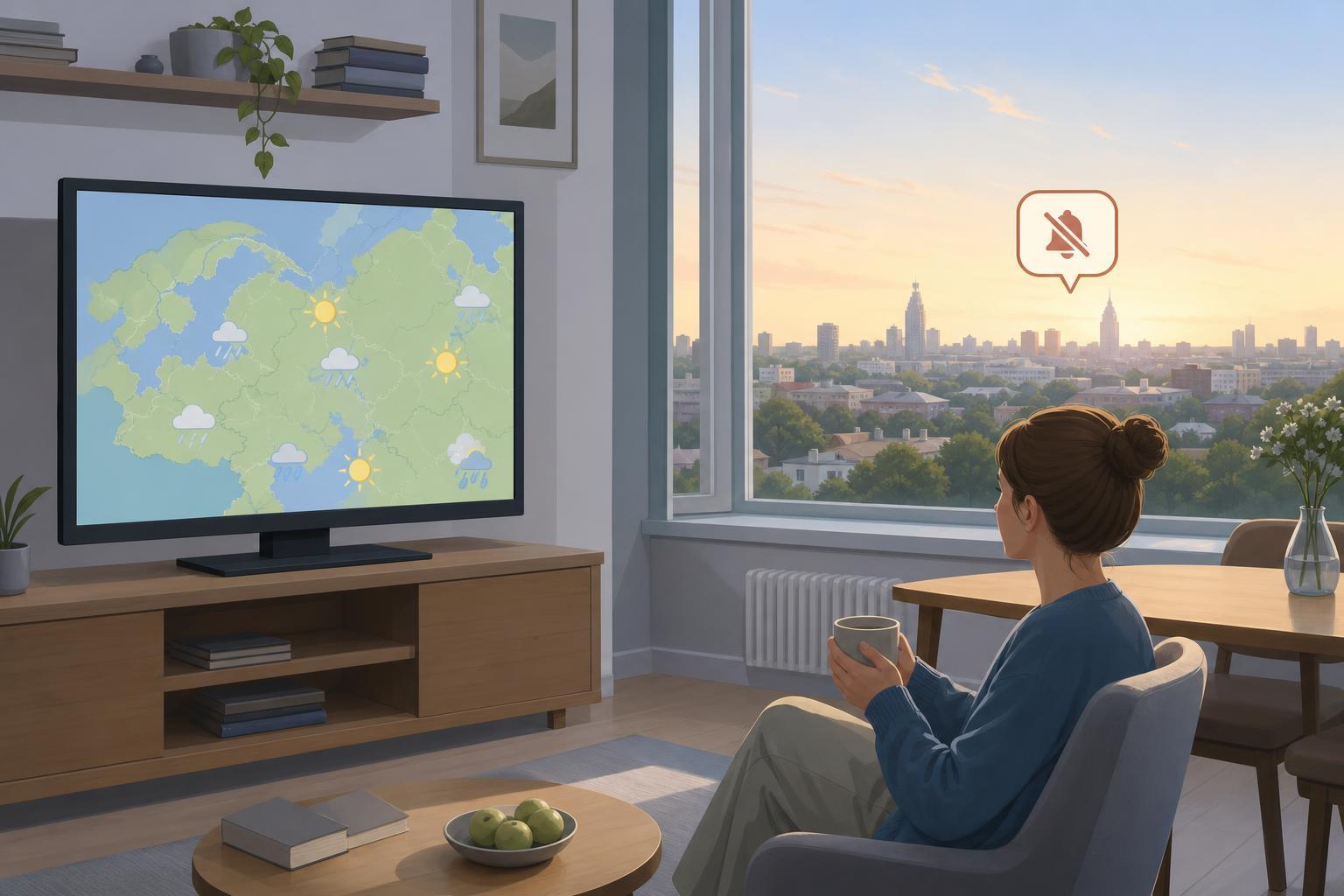 An editorial illustration of a generic television screen and a quiet Moscow-region skyline, representing omitted news coverage.