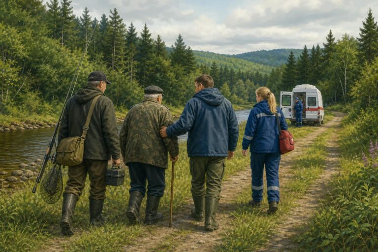 Illustration of an elderly fisherman walking with neighbours and a rescue worker near a forest river on Sakhalin.