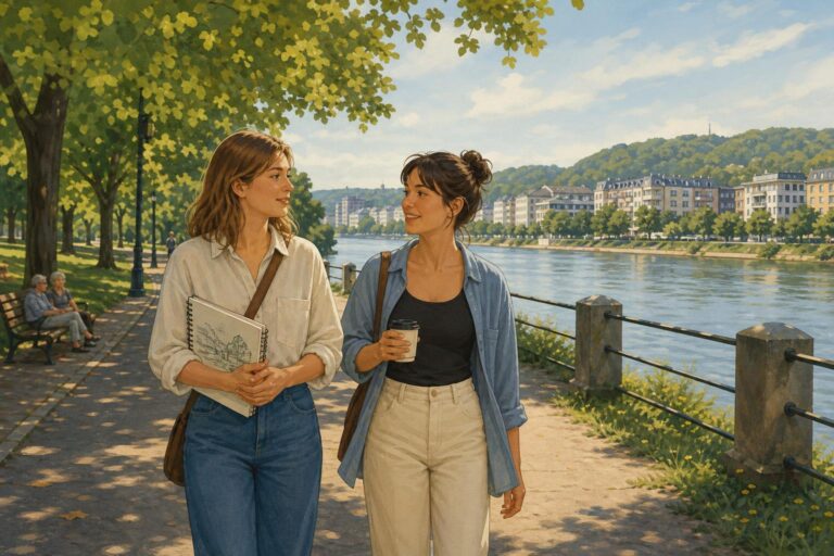 An editorial illustration of two women walking through a riverside park, with one carrying a sketchbook.