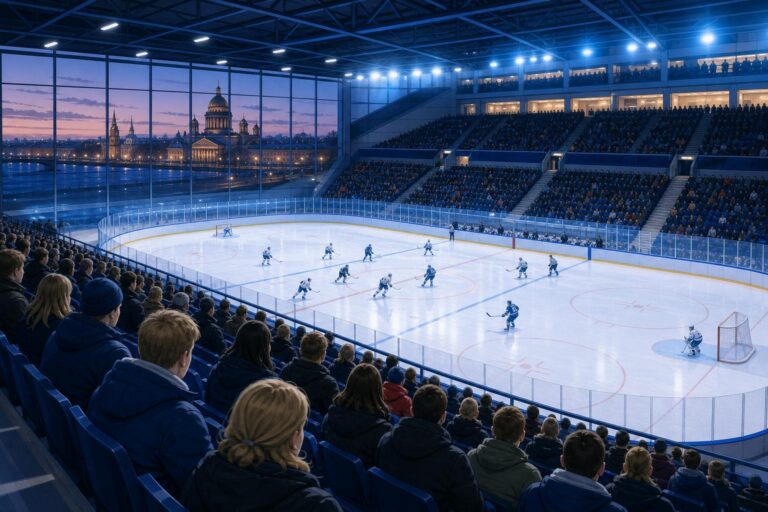 Stylized editorial illustration of spectators watching a preseason ice-hockey game in a modern Saint Petersburg arena.