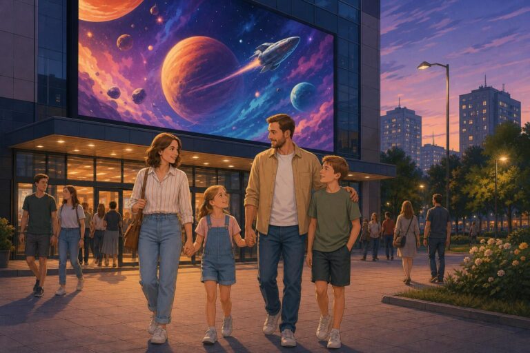 A family leaves a cinema after watching a new science-fiction film about a journey to Mars.