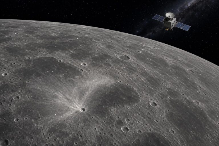 Scientific editorial illustration of a small fresh crater on the Moon, observed by a lunar orbiter.