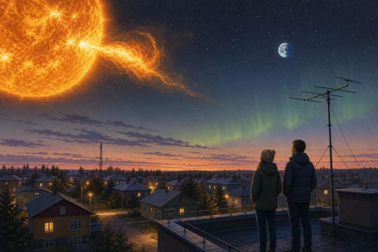 Illustration of a solar eruption travelling through space as a faint aurora appears over a northern Russian town.