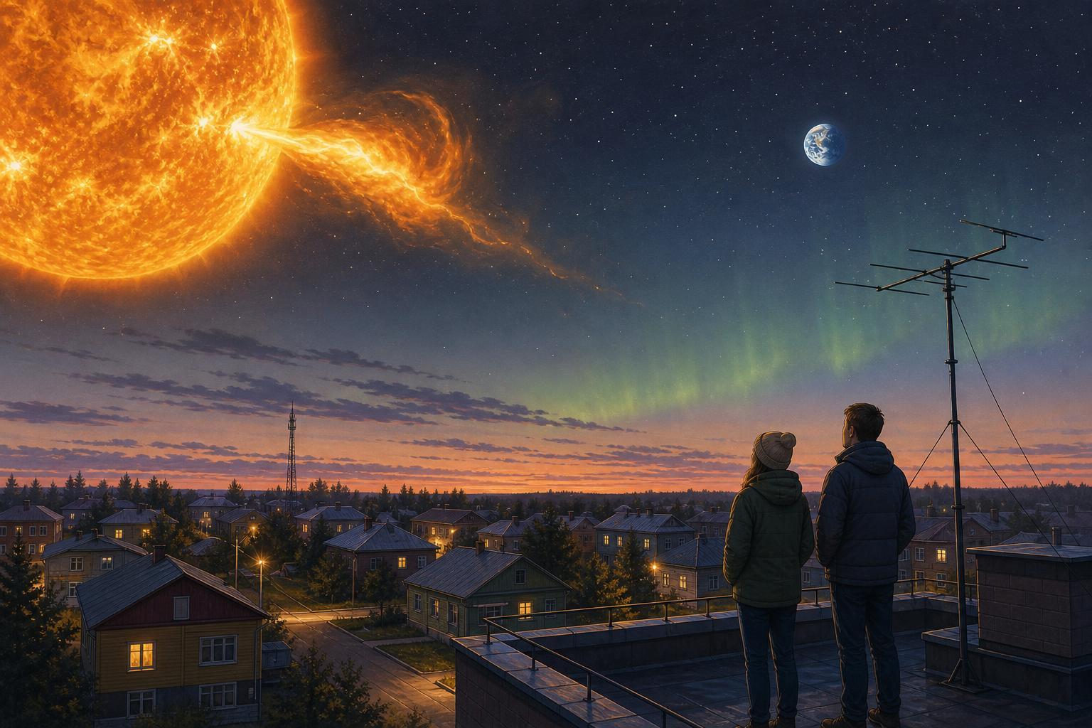Illustration of a solar eruption travelling through space as a faint aurora appears over a northern Russian town.