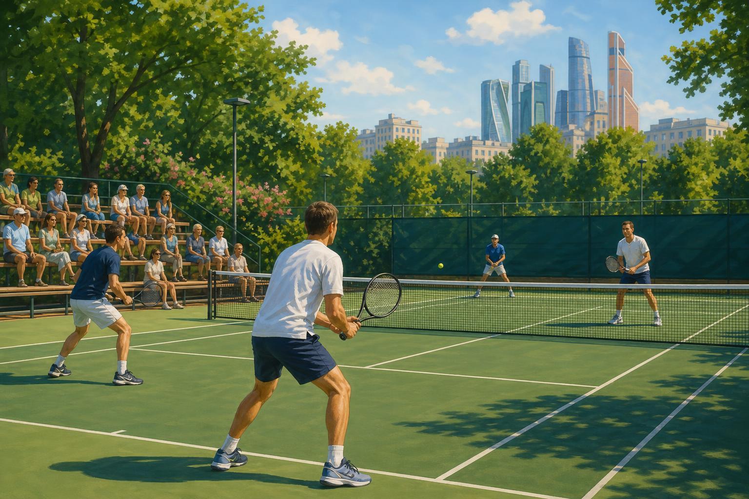 A doubles tennis match at an outdoor summer tournament in Moscow