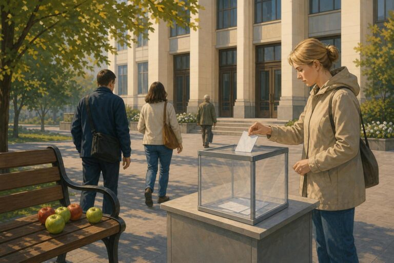 Editorial illustration of a ballot box and apples near a Moscow civic building