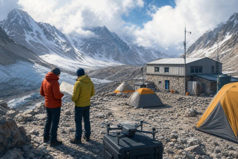 A mountain search base with tents, a map and a drone below snowy ridges in Kyrgyzstan.