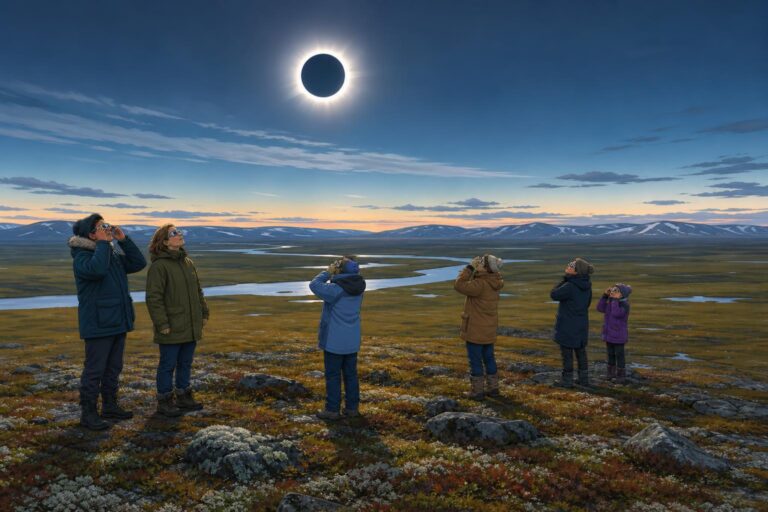 An editorial illustration of observers using eclipse glasses on the Taimyr tundra during a total solar eclipse.