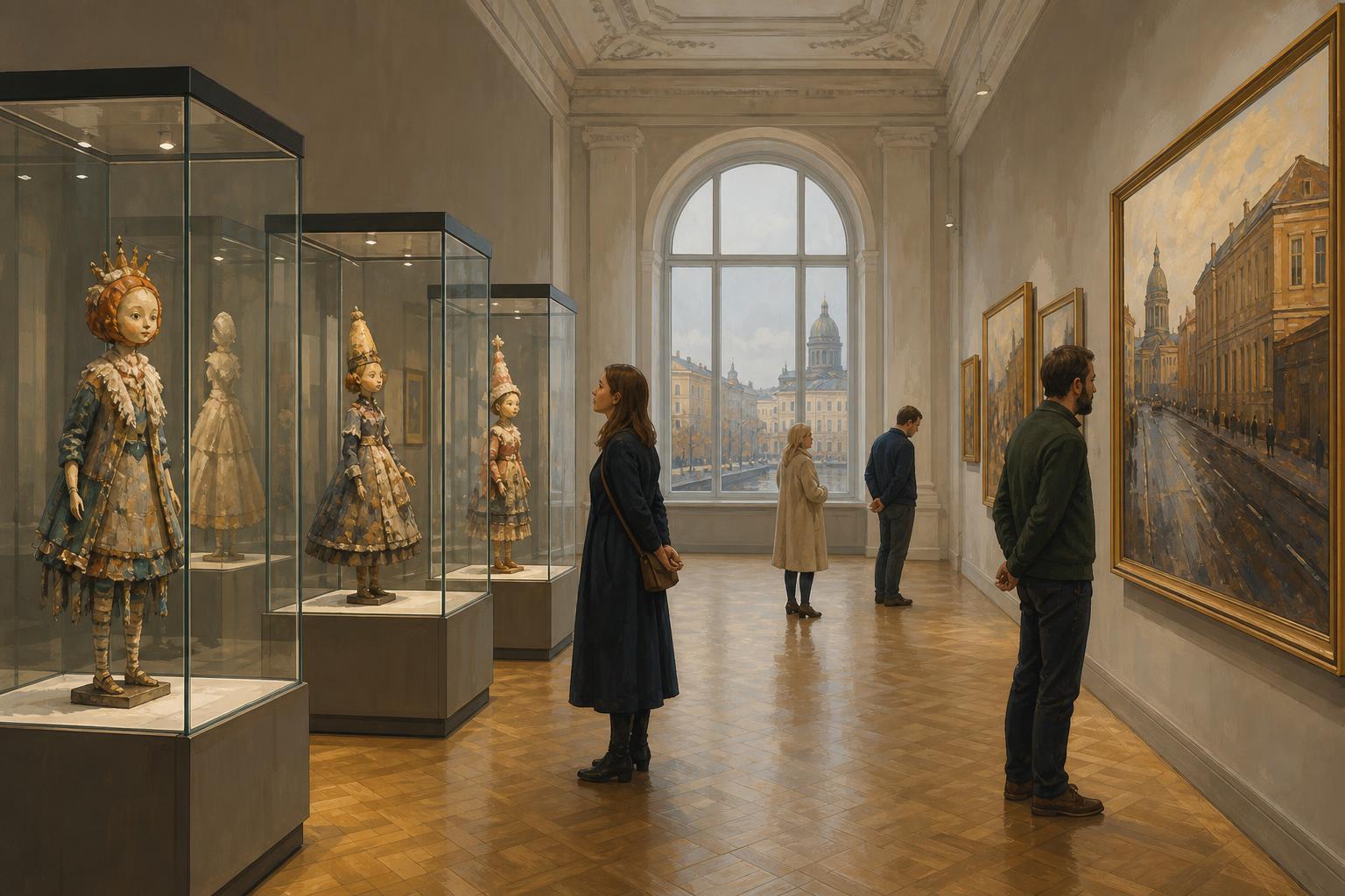 Visitors view art dolls and realistic paintings at a contemporary art exhibition in Saint Petersburg.