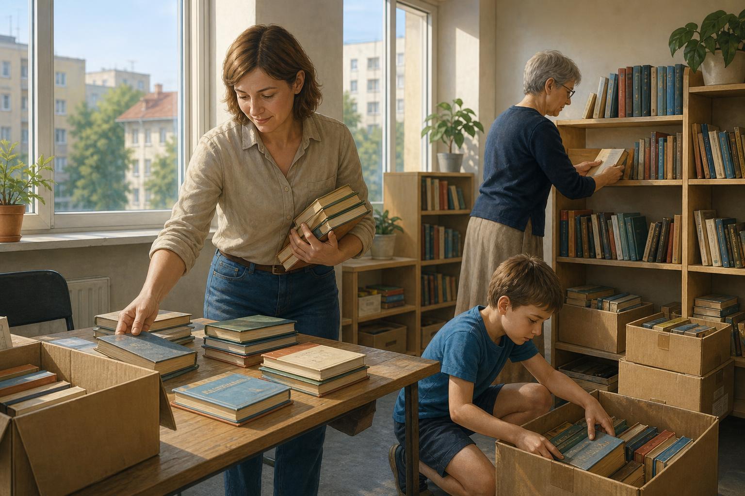 A bookseller, a child and an older reader sort books in a temporary community reading room in Kharkiv.